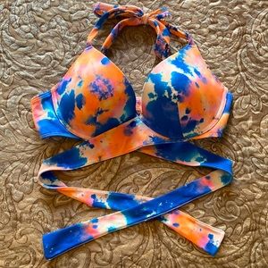 New NWT Adore Me blue/coral tye dye wrap around padded bikini top Sz 36D